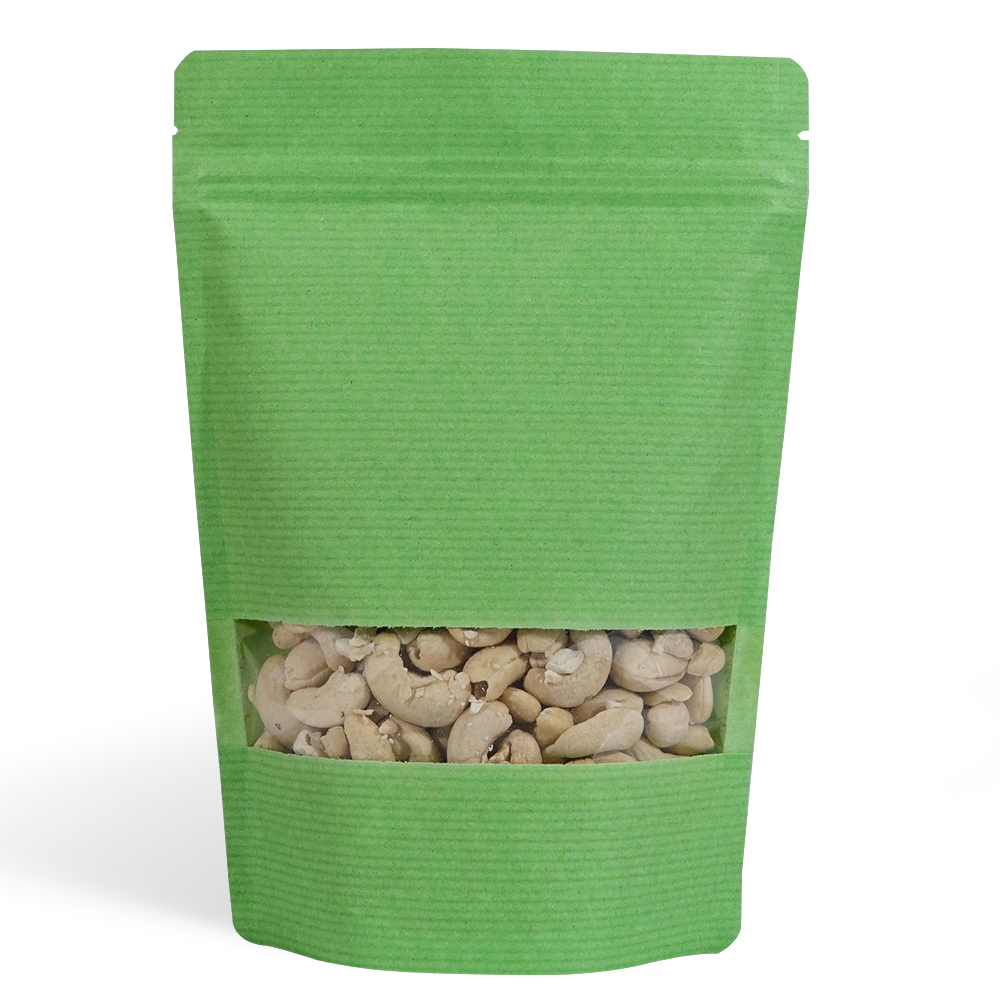 Green striped paper bags with full rectangle window